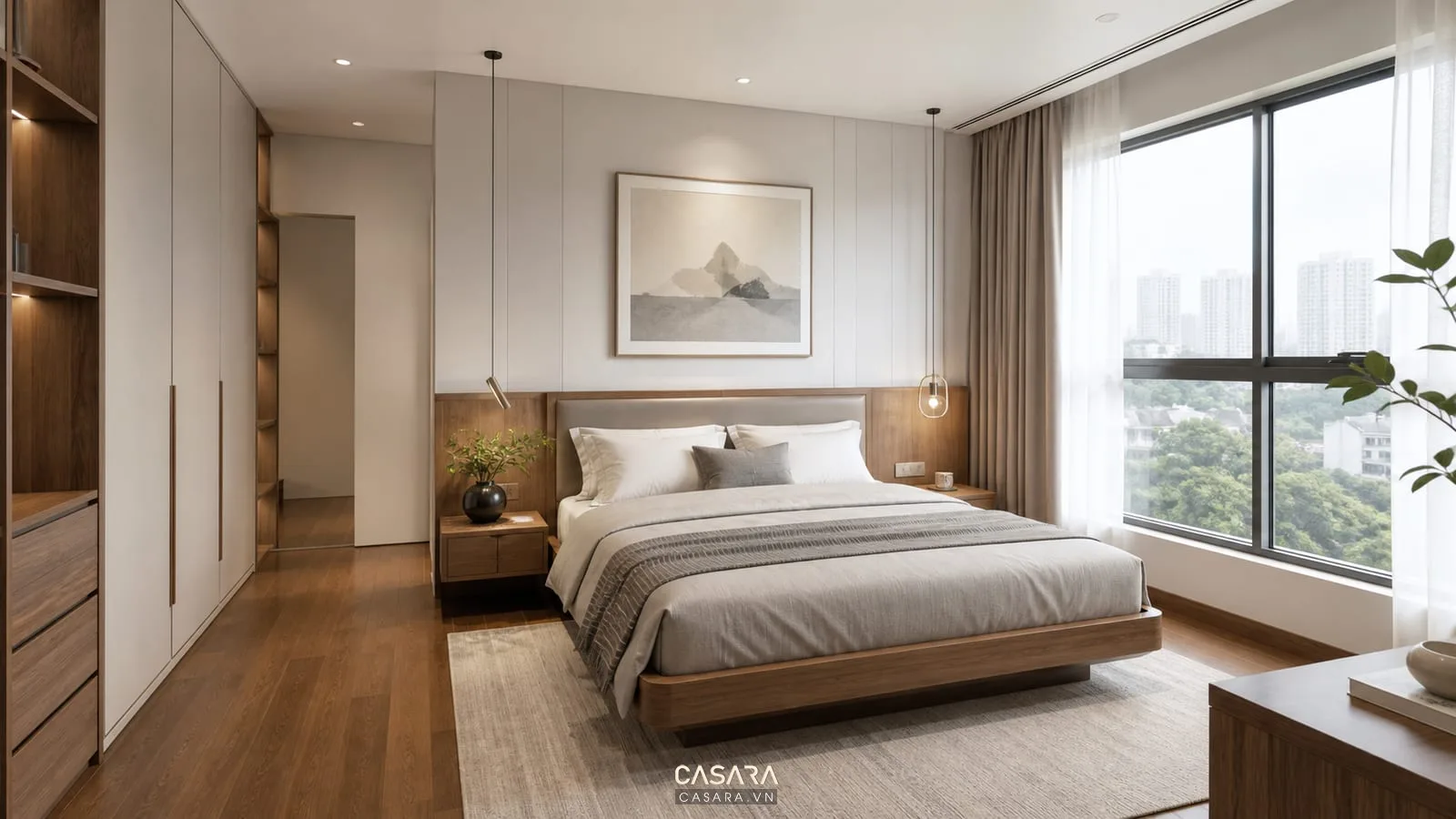 phòng ngủ trong thiết kế nhà chung cư đẹp 100m2 có lối đi quanh giường và tủ cao sát trần