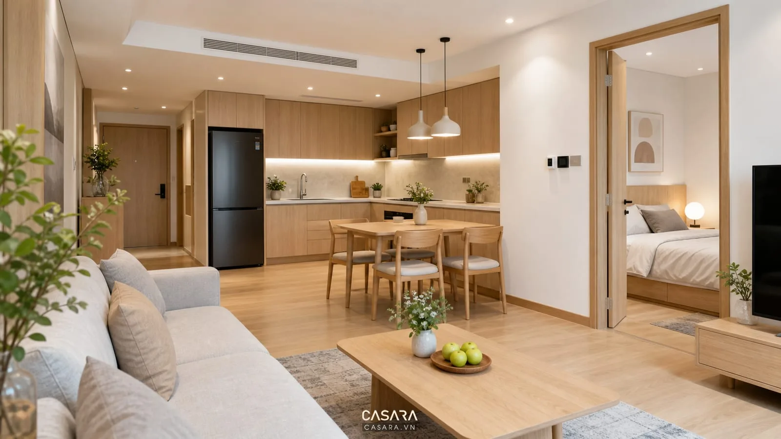 thiết kế nội thất chung cư 100m2 liên kết phòng khách bếp mở và phòng ngủ bằng màu gỗ sáng