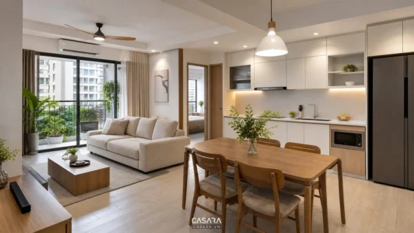 Thiết kế nhà chung cư đẹp 70m2 với phòng khách liền bếp hiện đại