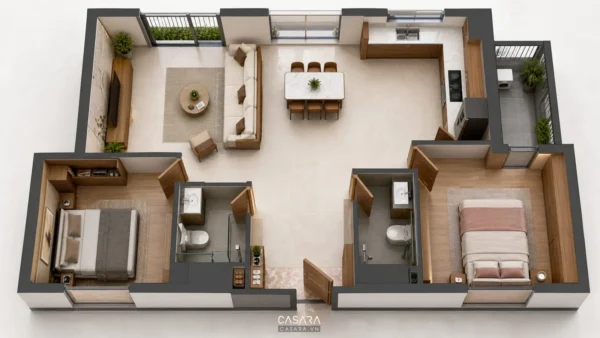 Mặt bằng 3D căn hộ 70m2 với phòng khách, bếp ăn, hai phòng ngủ và hai phòng vệ sinh