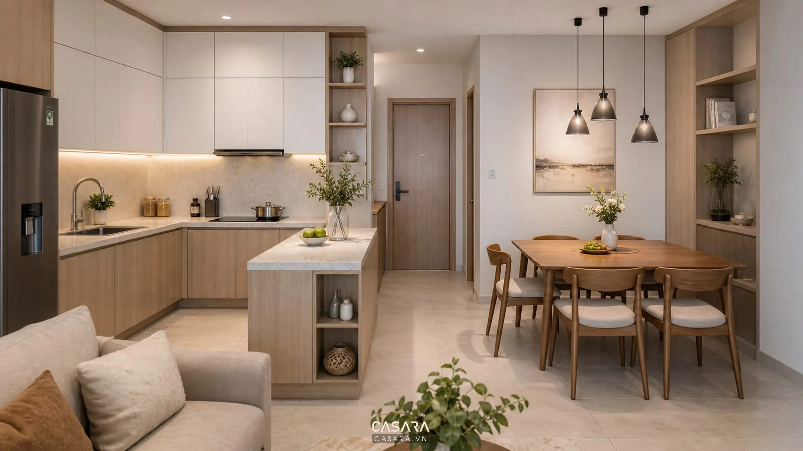 Bếp và bàn ăn trong thiết kế chung cư đẹp 70m2
