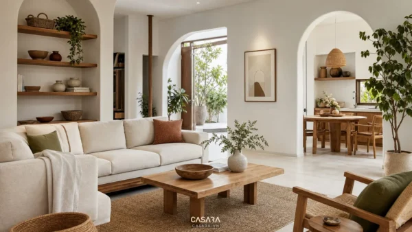 Thiết kế nhà địa trung hải với phòng khách vòm cong tường trắng và sofa sáng màu