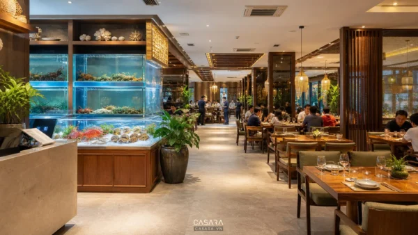 Nhà hàng hải sản hiện đại có hồ hải sản sống, bàn ăn gỗ, lối đi rộng và ánh sáng ấm sang trọng.