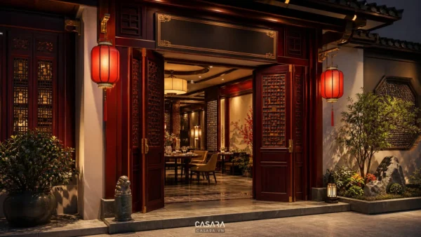 Nhà hàng phong cách Trung Hoa với mặt tiền cửa gỗ đỏ, đèn lồng đỏ, bảng hiệu nhà hàng và không gian ăn uống sang trọng