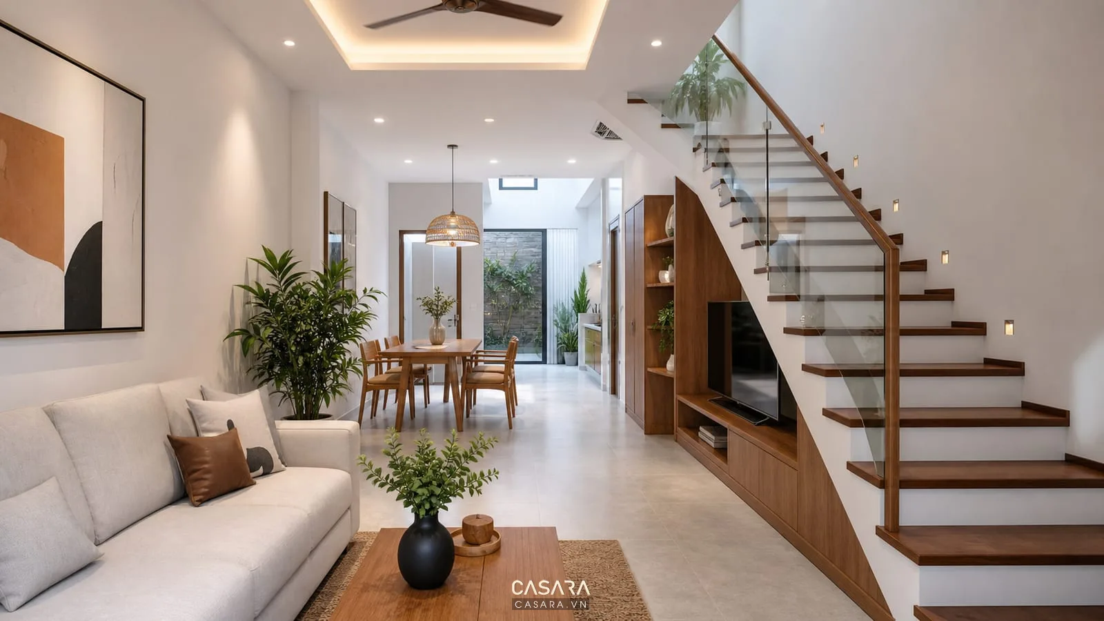 Mẫu thiết kế cầu thang nhà ống bậc gỗ lan can kính
