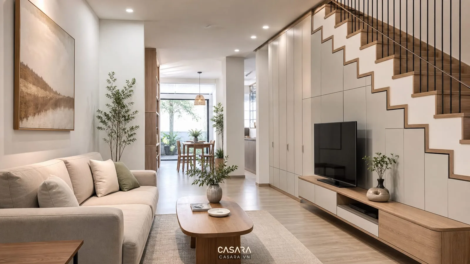 Thiết kế nhà cầu thang dọc với tủ lưu trữ dưới gầm thang