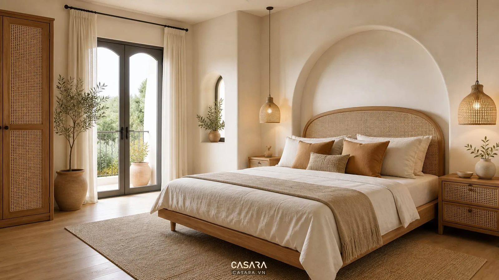 phòng ngủ trong thiết kế nội thất phong cách địa trung hải với giường gỗ đầu giường vòm và rèm linen