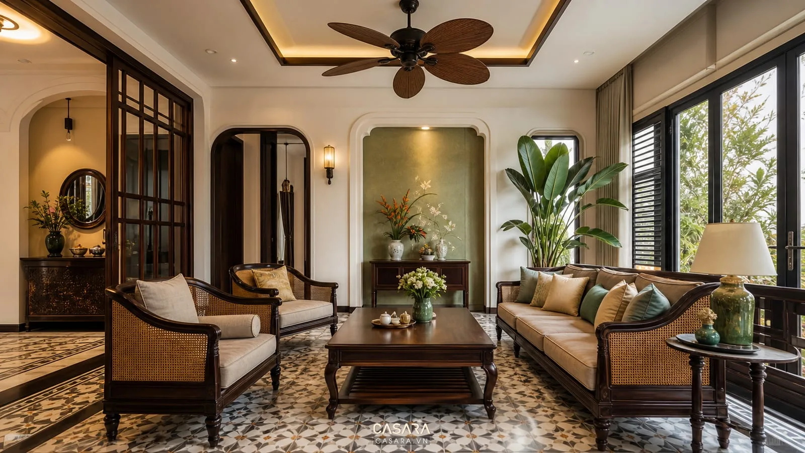 phòng khách trong thiết kế nhà phong cách Đông Dương với sofa gỗ và gạch bông