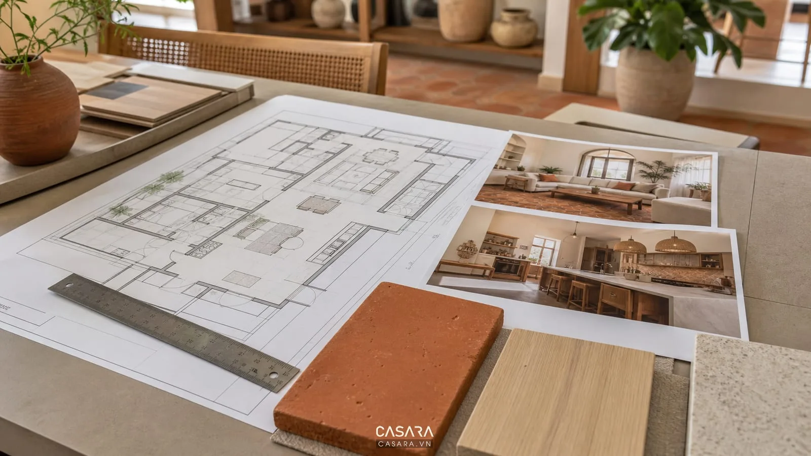 Bản vẽ mặt bằng nhà theo phong cách địa trung hải cùng mẫu gạch terracotta, gỗ sáng và ảnh hiện trạng nội thất