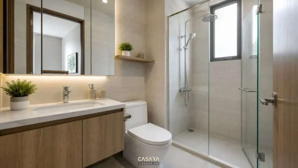 Thiết kế nhà vệ sinh chung cư hiện đại với lavabo, vách kính tắm, gương lớn và tủ lavabo gỗ chống ẩm