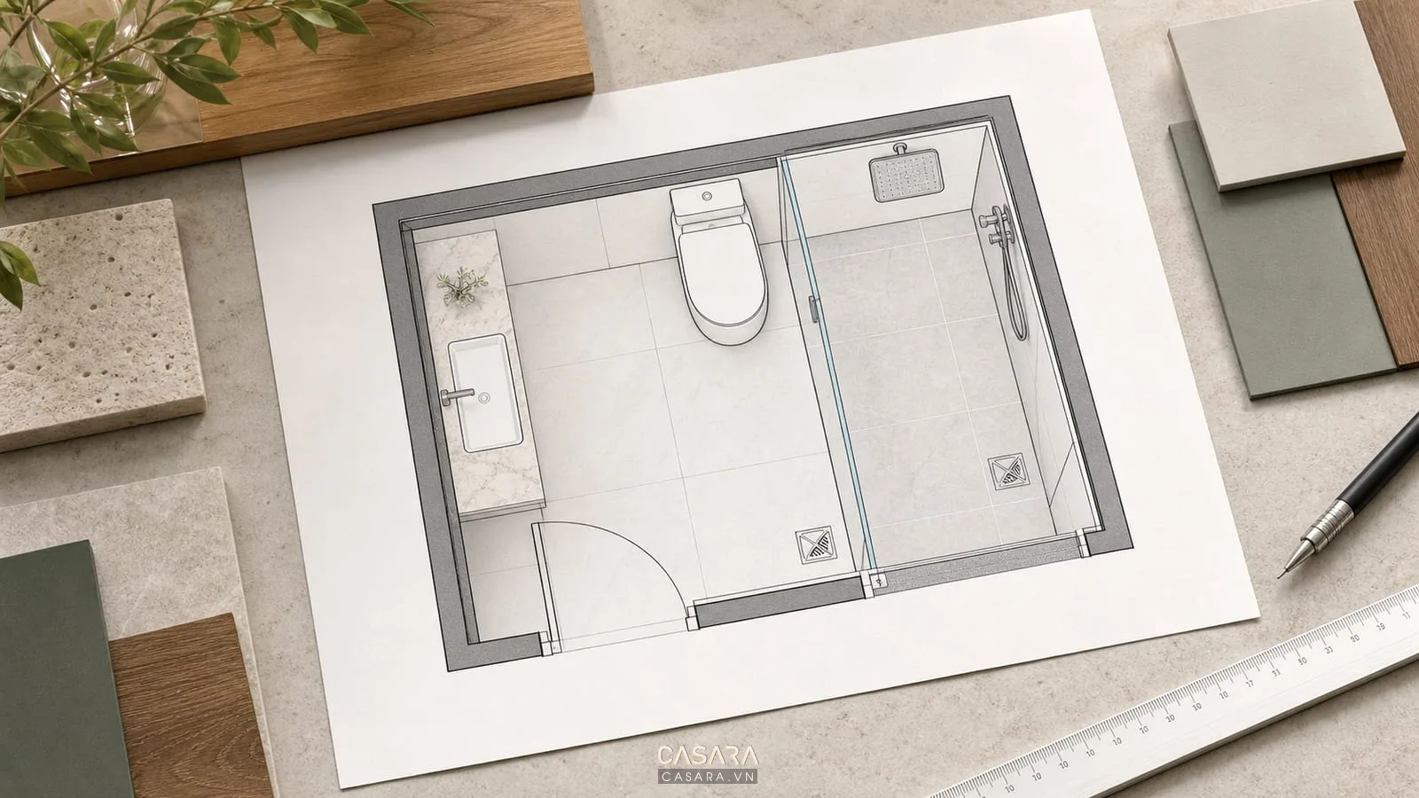 Bản vẽ thiết kế chung cư cho nhà vệ sinh với lavabo, vách kính tắm, bồn cầu, cửa mở và thoát nước