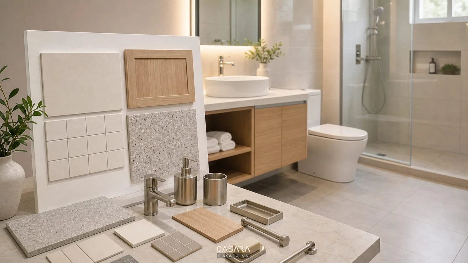 Mẫu vật liệu thiết kế nhà vệ sinh chung cư gồm gạch chống trơn, gạch tường sáng, tủ lavabo gỗ và phụ kiện kim loại