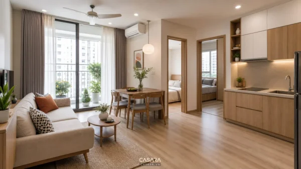 Thiết kế nội thất căn hộ 56m2 2 phòng ngủ với phòng khách liền bếp sáng thoáng