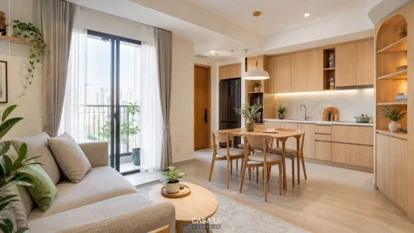 Thiết kế nội thất căn hộ chung cư 65m2 với phòng khách liền bếp sáng thoáng