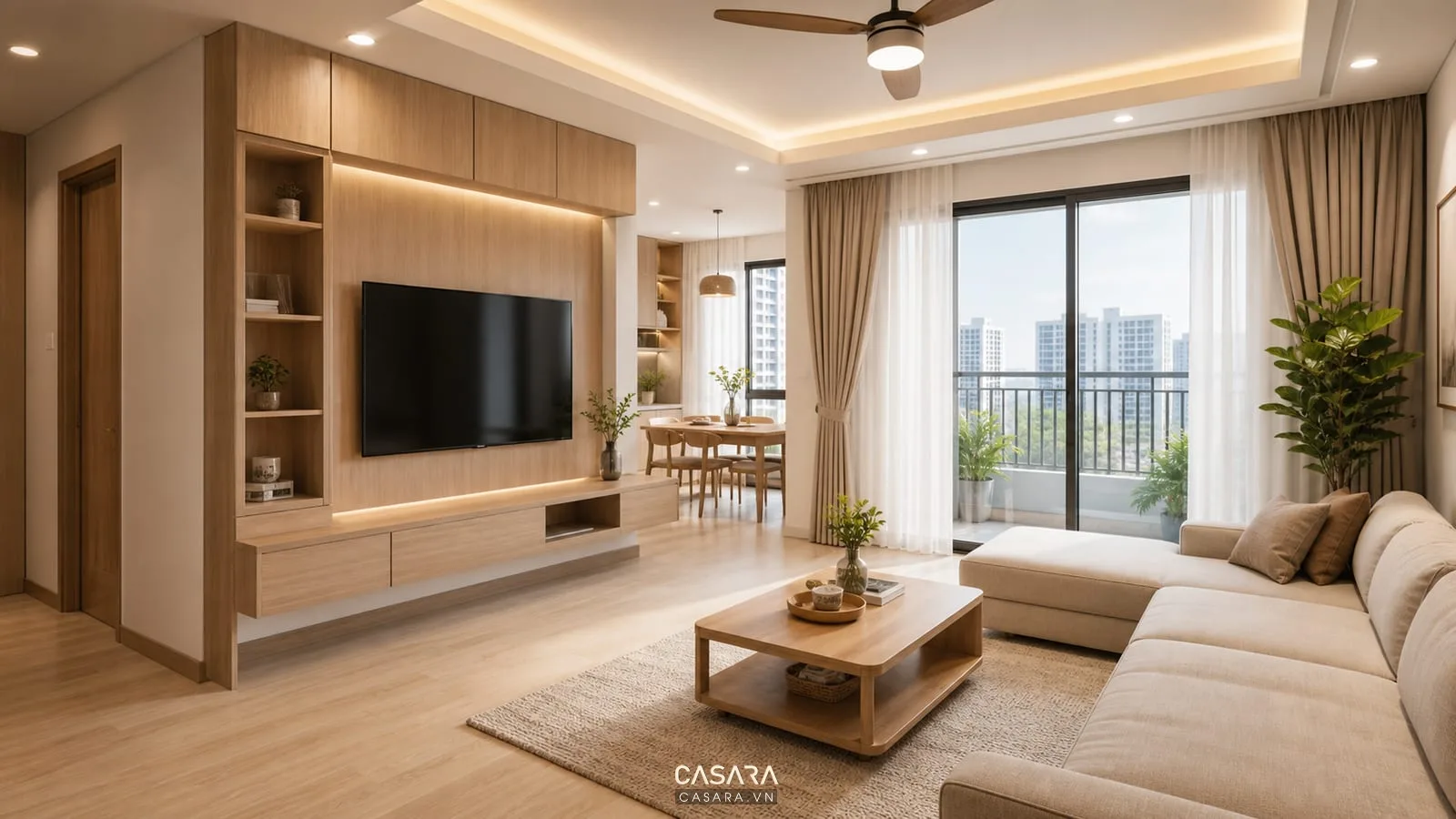 Căn hộ chung cư 65m2 với sàn gỗ sáng, tủ tivi liền tường và rèm màu be