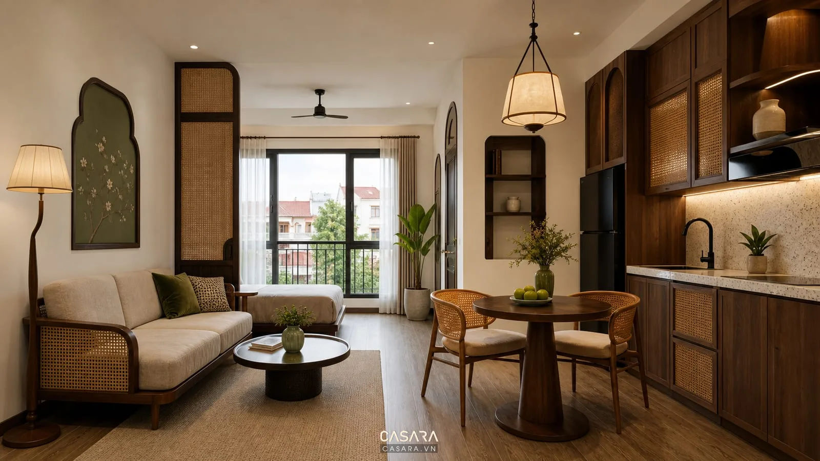 Căn hộ studio phong cách nội thất Indochine với gỗ ấm và mây đan