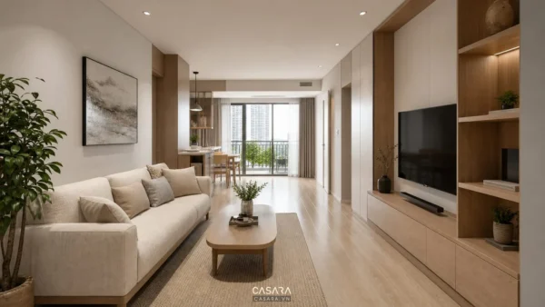 Thiết kế nội thất chung cư phòng khách mở với sofa trung tính và kệ tivi thấp
