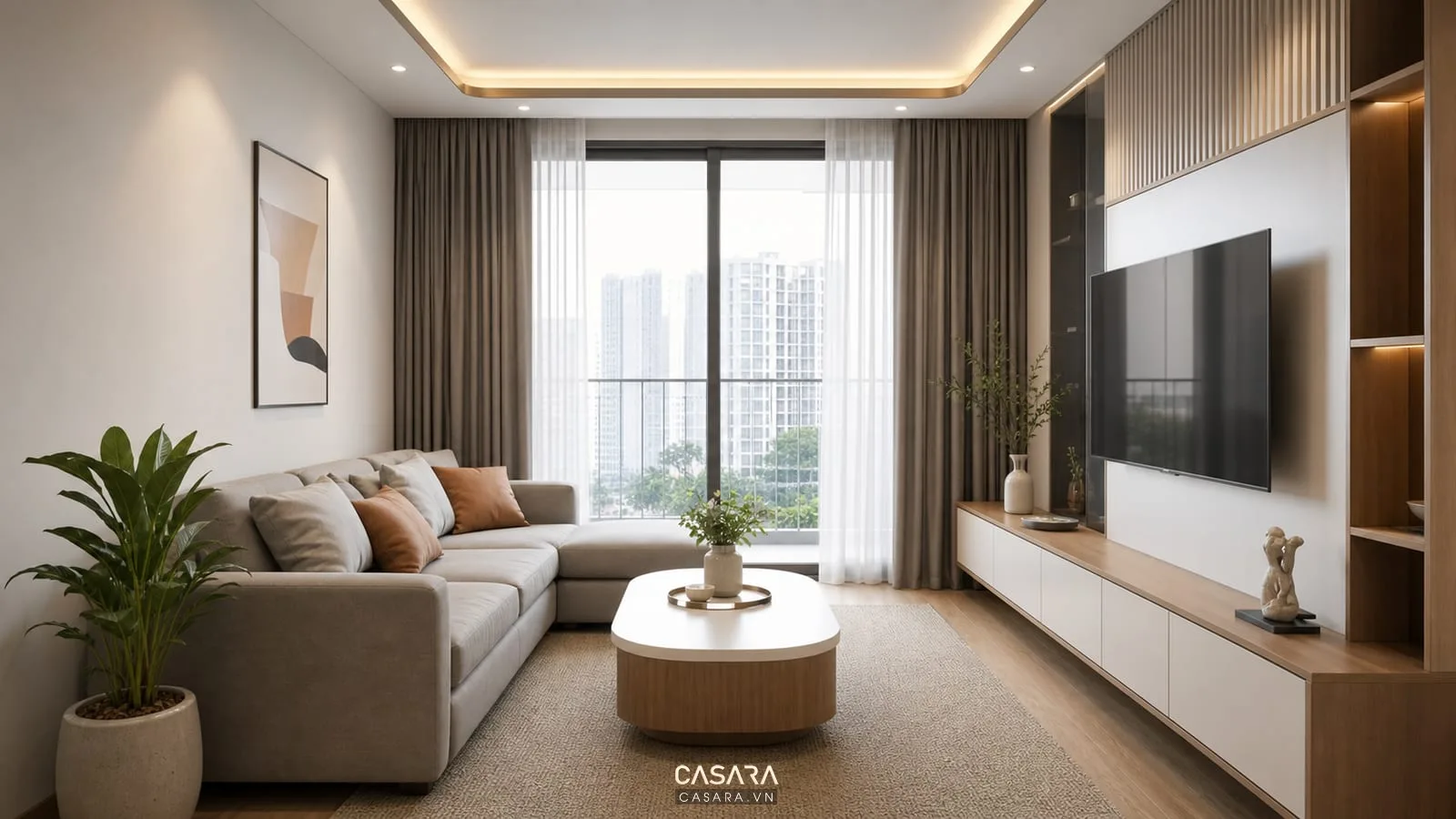 Phòng khách chung cư hiện đại với sofa chữ L nhỏ và kệ tivi có ngăn kéo kín