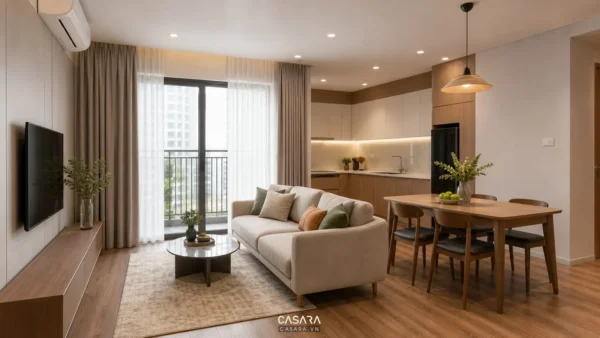 Phòng khách bếp mở với sofa sáng màu, bàn ăn gỗ, tủ bếp chữ L và ban công lấy sáng