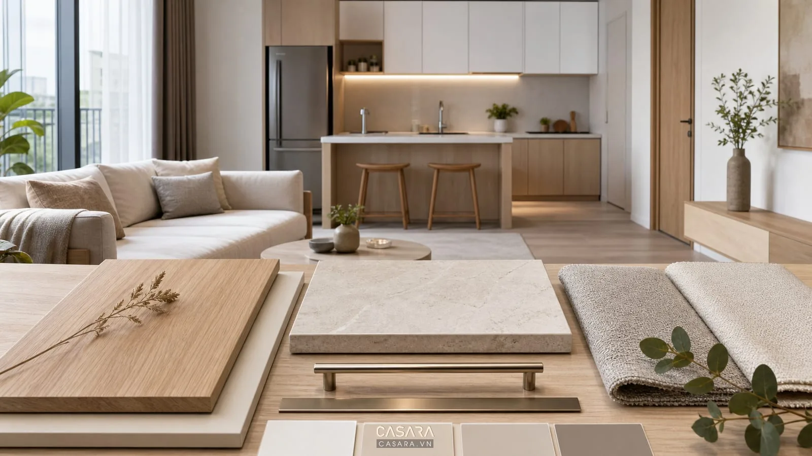 Bảng vật liệu thiết kế nội thất chung cư 1 phòng ngủ với gỗ đá vải sofa tay nắm và màu sơn