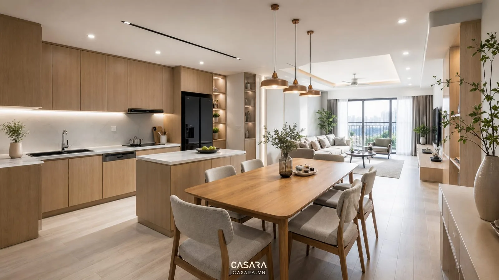 Bếp và bàn ăn trong thiết kế nội thất chung cư 100m2 với tủ bếp và bàn ăn sáu ghế