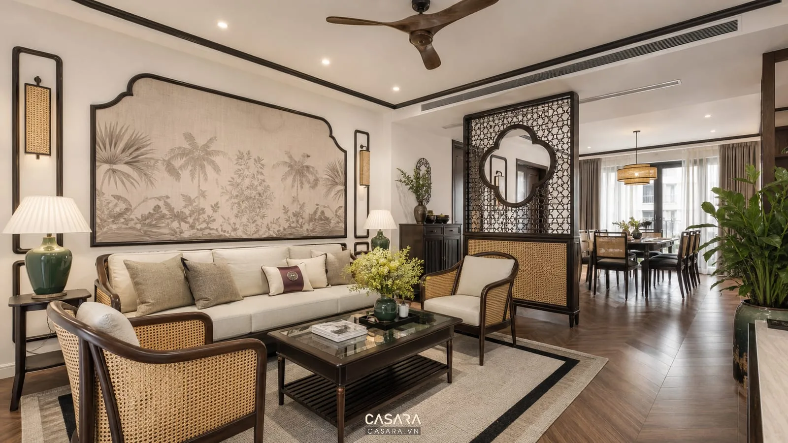 Thiết kế nội thất chung cư indochine 100m2 với phòng khách gỗ mây đan và sofa sáng màu