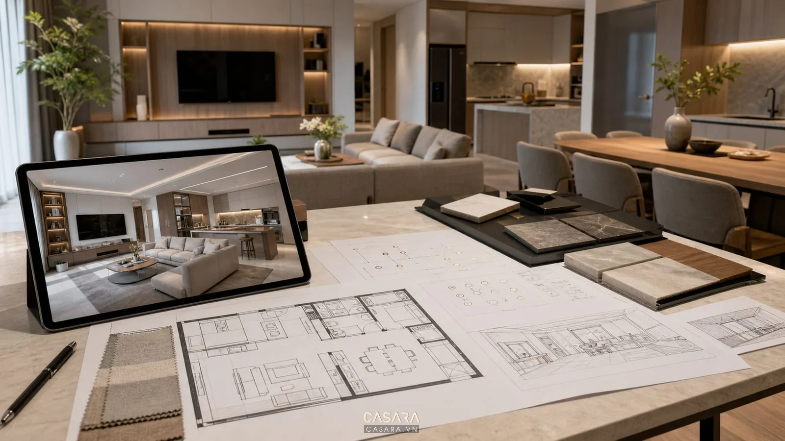 Bản vẽ thiết kế nội thất chung cư 100m2 gồm mặt bằng bố trí điện đèn và phối cảnh