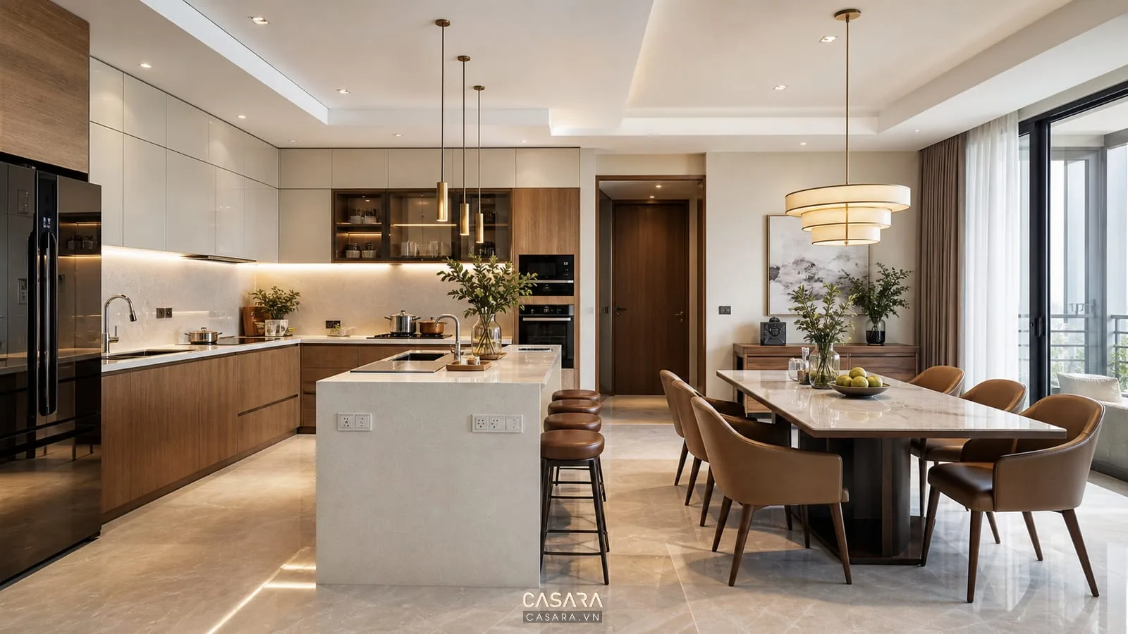 bếp và bàn ăn trong thiết kế nội thất chung cư 120m2 có đảo bếp và đèn thả