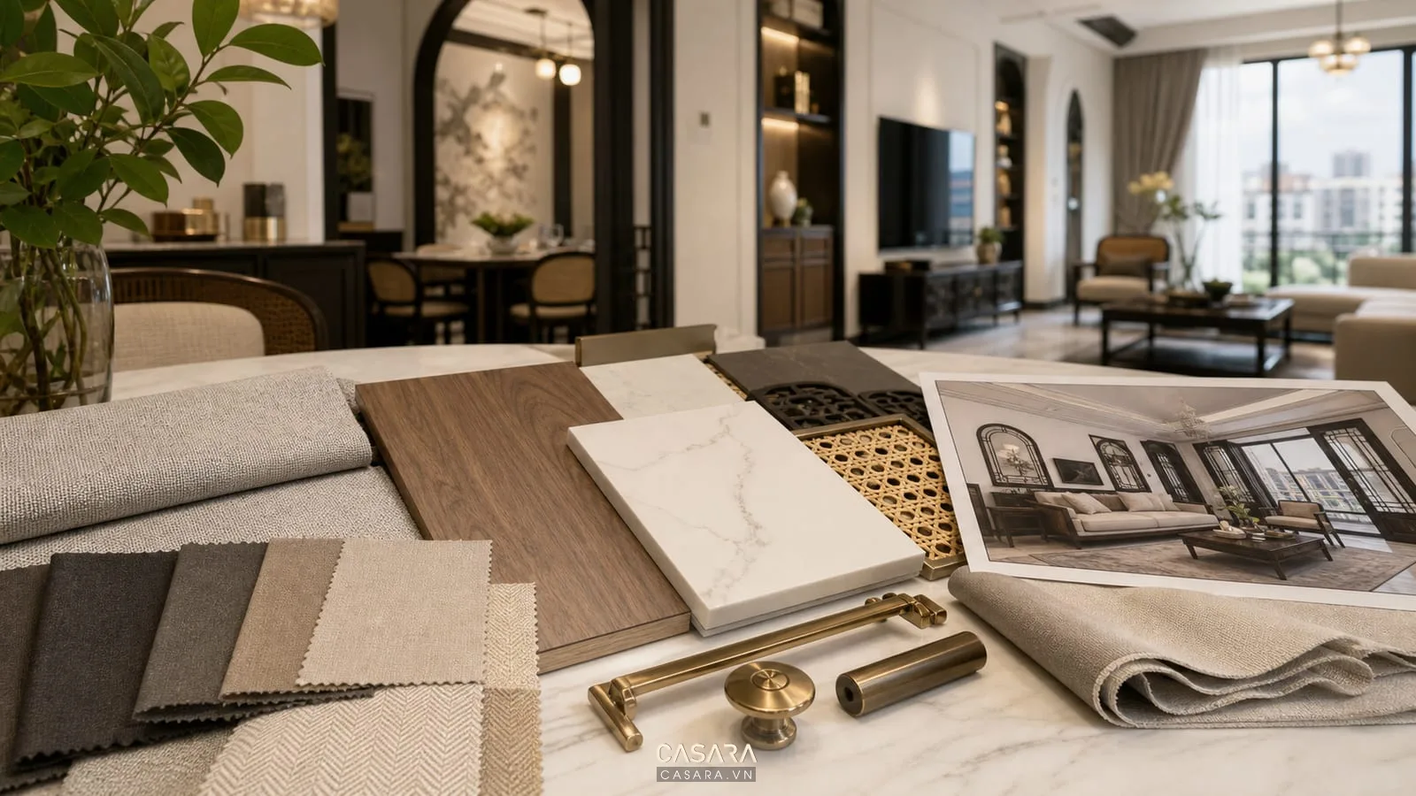 bảng vật liệu thiết kế nội thất chung cư 130m2 với gỗ đá vải rèm và phong cách indochine hiện đại