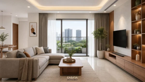 Phòng khách chung cư hiện đại có sofa sáng màu, kệ tivi gỗ và cửa kính nhìn ra ban công