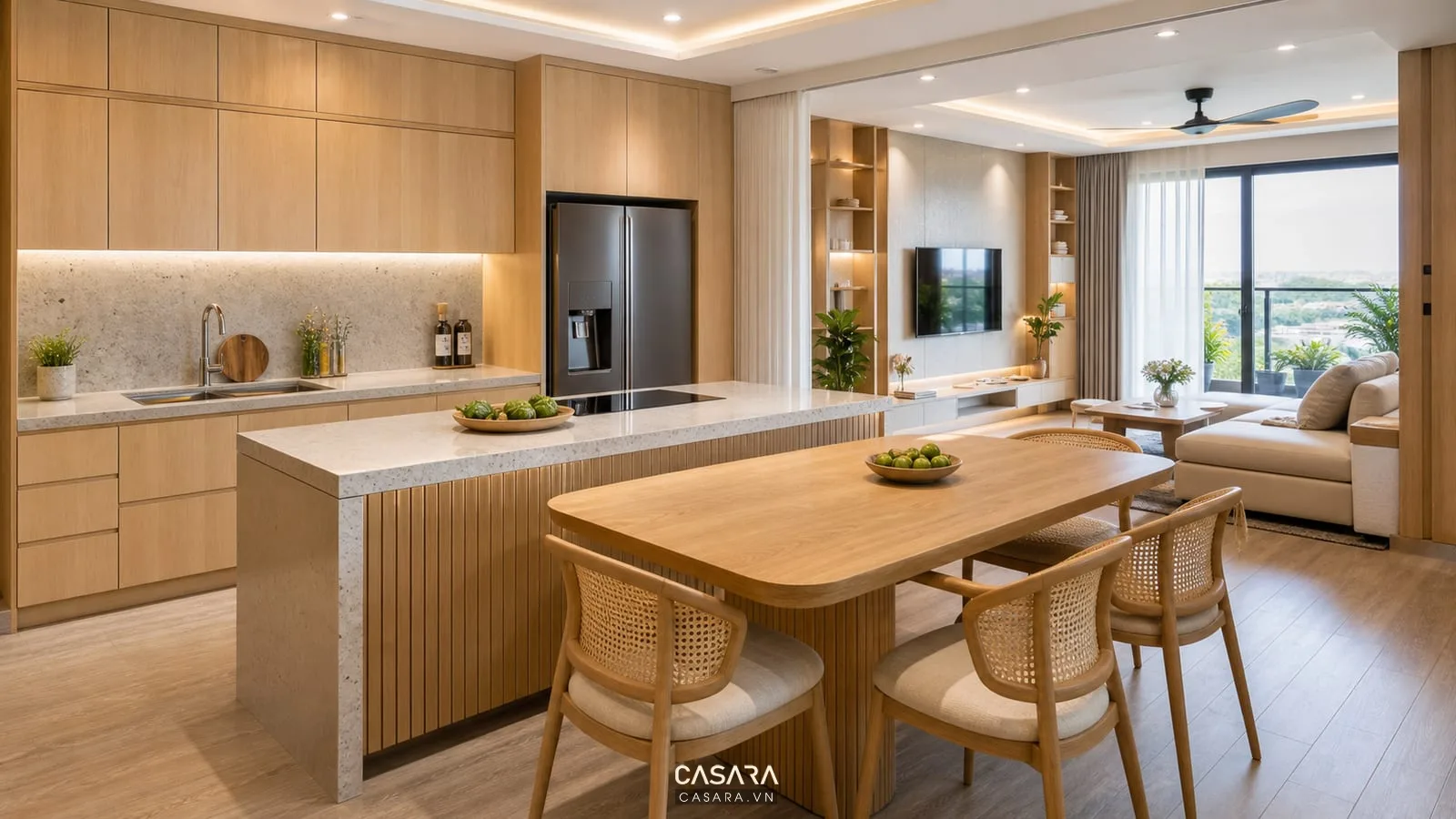 Thiết kế chung cư nội thất với bếp mở, bàn ăn và tủ bếp gỗ sáng