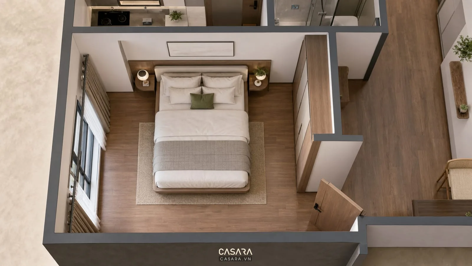mặt bằng phòng ngủ trong thiết kế nội thất chung cư 30m2
