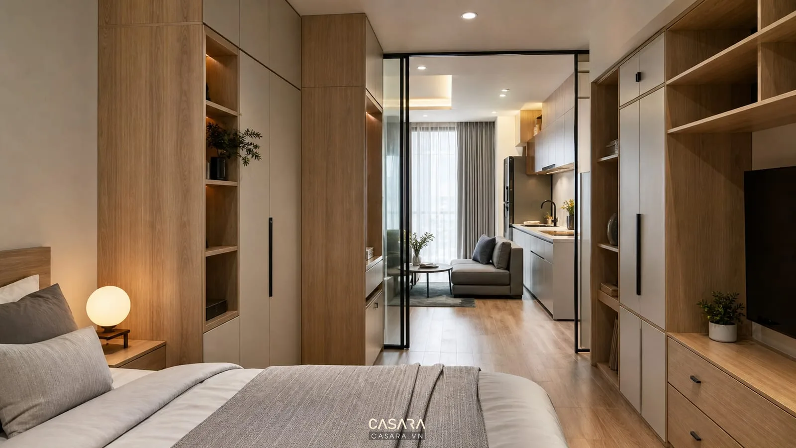 tổng thể thiết kế nội thất chung cư 30m2 có phòng ngủ và khu sinh hoạt chung