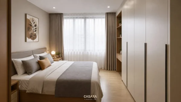 Phòng ngủ nhỏ có giường đôi, cửa sổ lớn và tủ áo kịch trần màu sáng