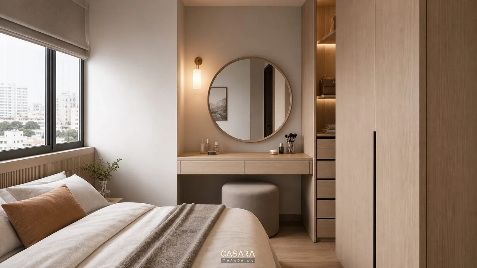 góc bàn trang điểm nhỏ trong thiết kế nội thất chung cư 40m2 với gương và tủ áo