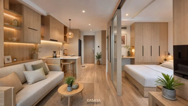Căn hộ 40m2 có phòng khách bếp mở và phòng ngủ liền kề tông gỗ sáng