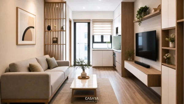 Phòng khách chung cư nhỏ với sofa sáng màu, kệ tivi treo và bếp liền kề