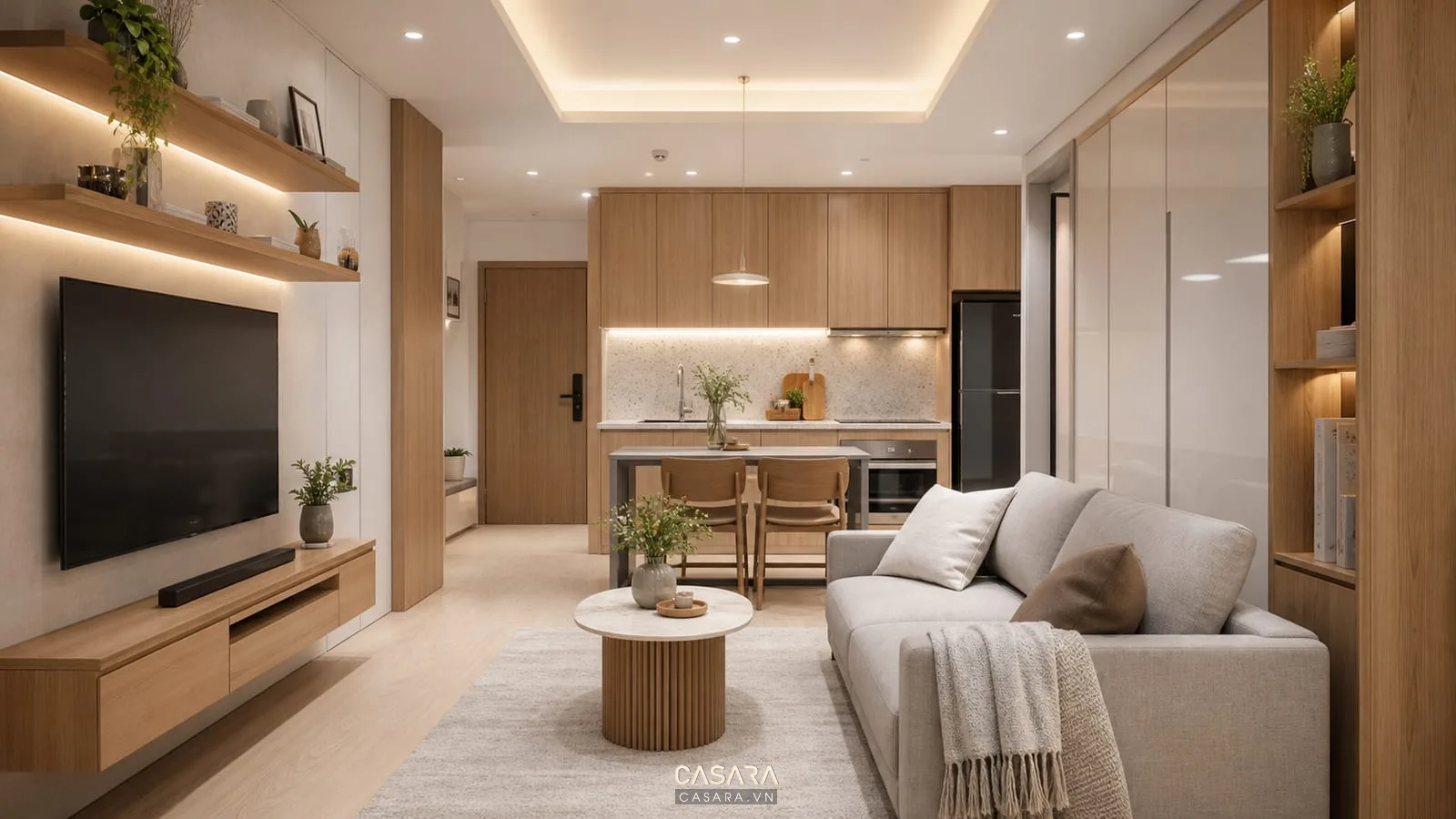 Vật liệu và ánh sáng trong thiết kế nội thất chung cư 45m2