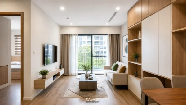 Phòng khách căn hộ nhỏ với sofa sáng màu, kệ tivi treo và hệ tủ lưu trữ gỗ