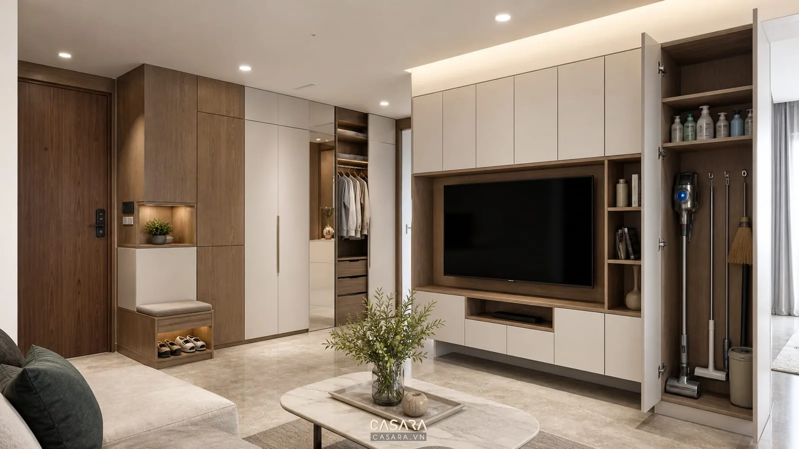hệ tủ lưu trữ trong thiết kế nội thất chung cư 50m2