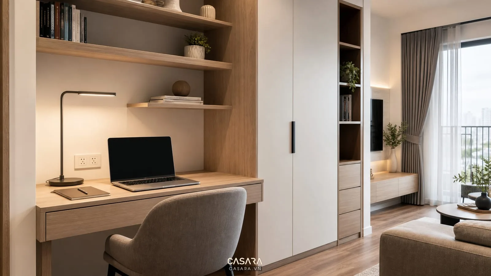 góc làm việc có ổ cắm và ánh sáng trong thiết kế nội thất chung cư 50m2