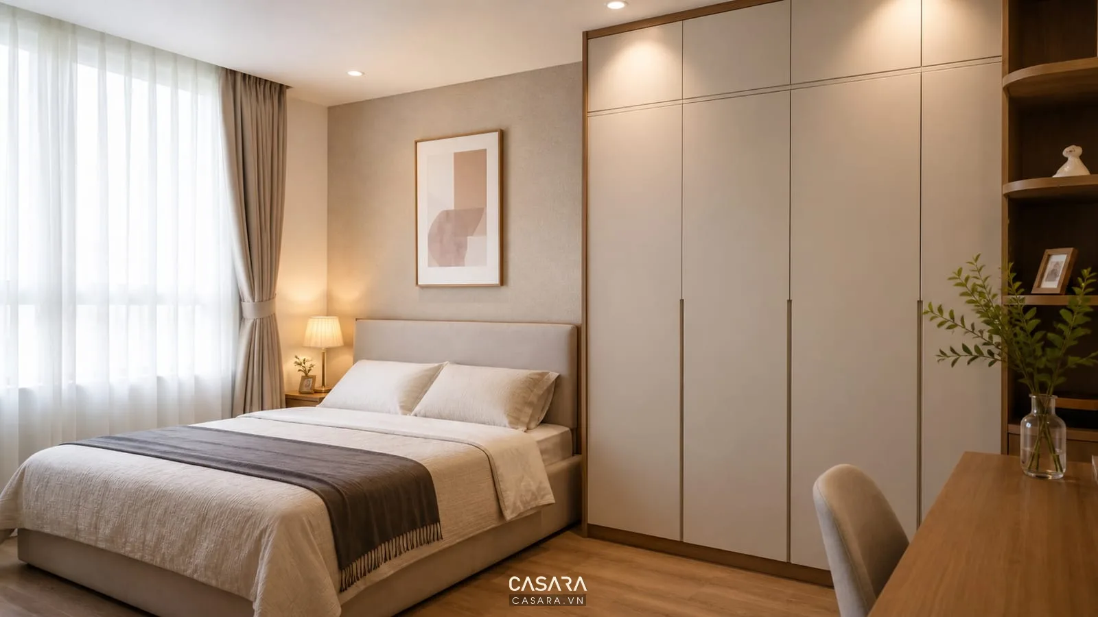 phòng ngủ trong thiết kế nội thất chung cư 50m2 với tủ áo gọn