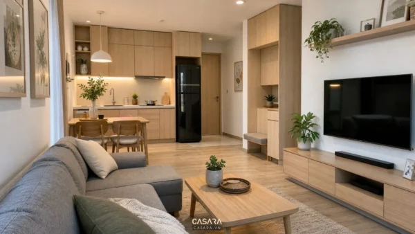 Thiết kế nội thất chung cư 54m2 với phòng khách liền bếp hiện đại