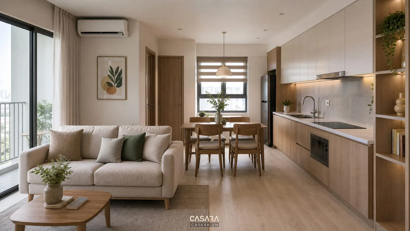 Phòng khách chung cư nhỏ có sofa bàn ăn và tủ bếp chữ I