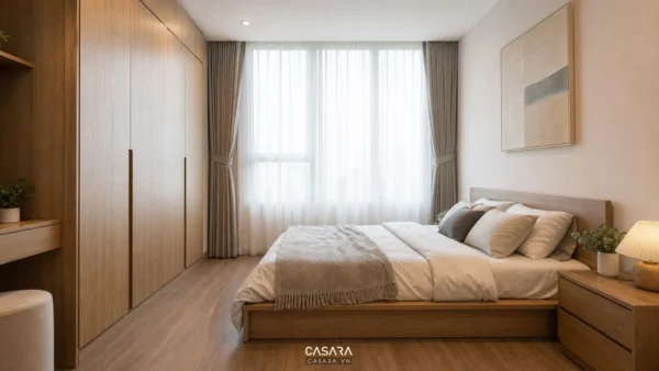 Phòng ngủ chung cư có giường gỗ, tủ áo kịch trần và rèm cửa sáng màu