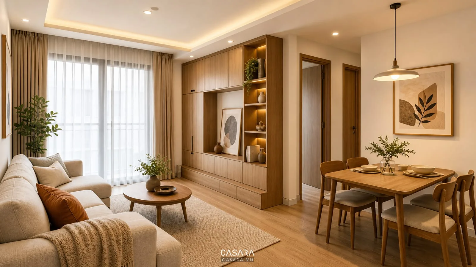 Căn hộ hiện đại ấm áp trong thiết kế nội thất chung cư 55m2 với sofa sáng màu tủ gỗ rèm voan đèn hắt và bàn ăn nhỏ