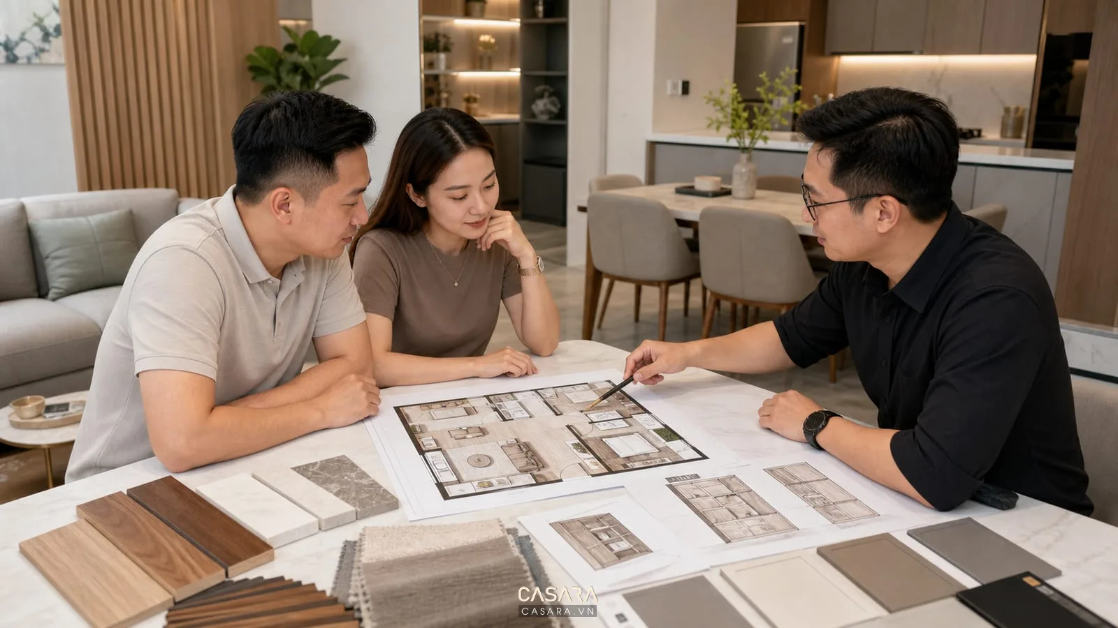 Kiến trúc sư tư vấn thiết kế nội thất chung cư 55m2 với bản vẽ mặt bằng mẫu gỗ đá vải và gia chủ trao đổi nhu cầu lưu trữ