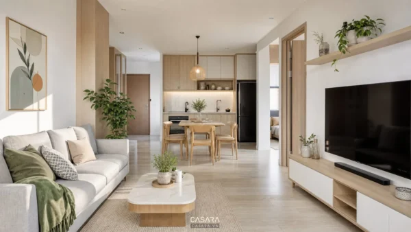 Phòng khách liền bếp sáng thoáng với sofa nhỏ, bàn ăn gỗ và kệ tivi treo tường
