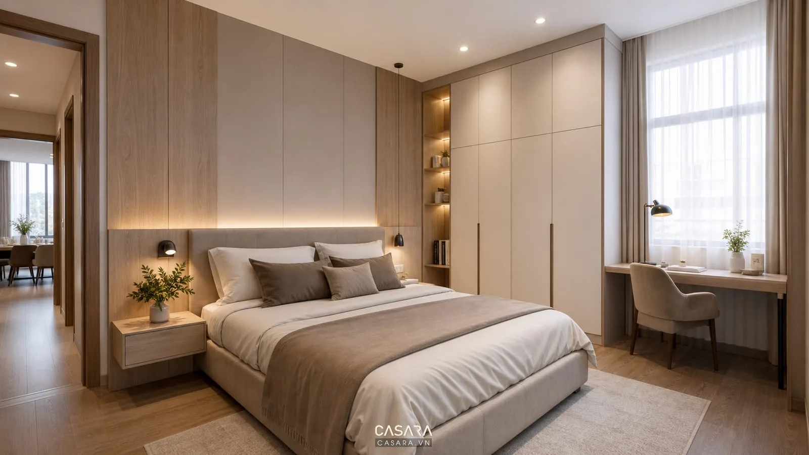 phòng ngủ trong thiết kế nội thất chung cư 56m2 với tủ áo và bàn nhỏ