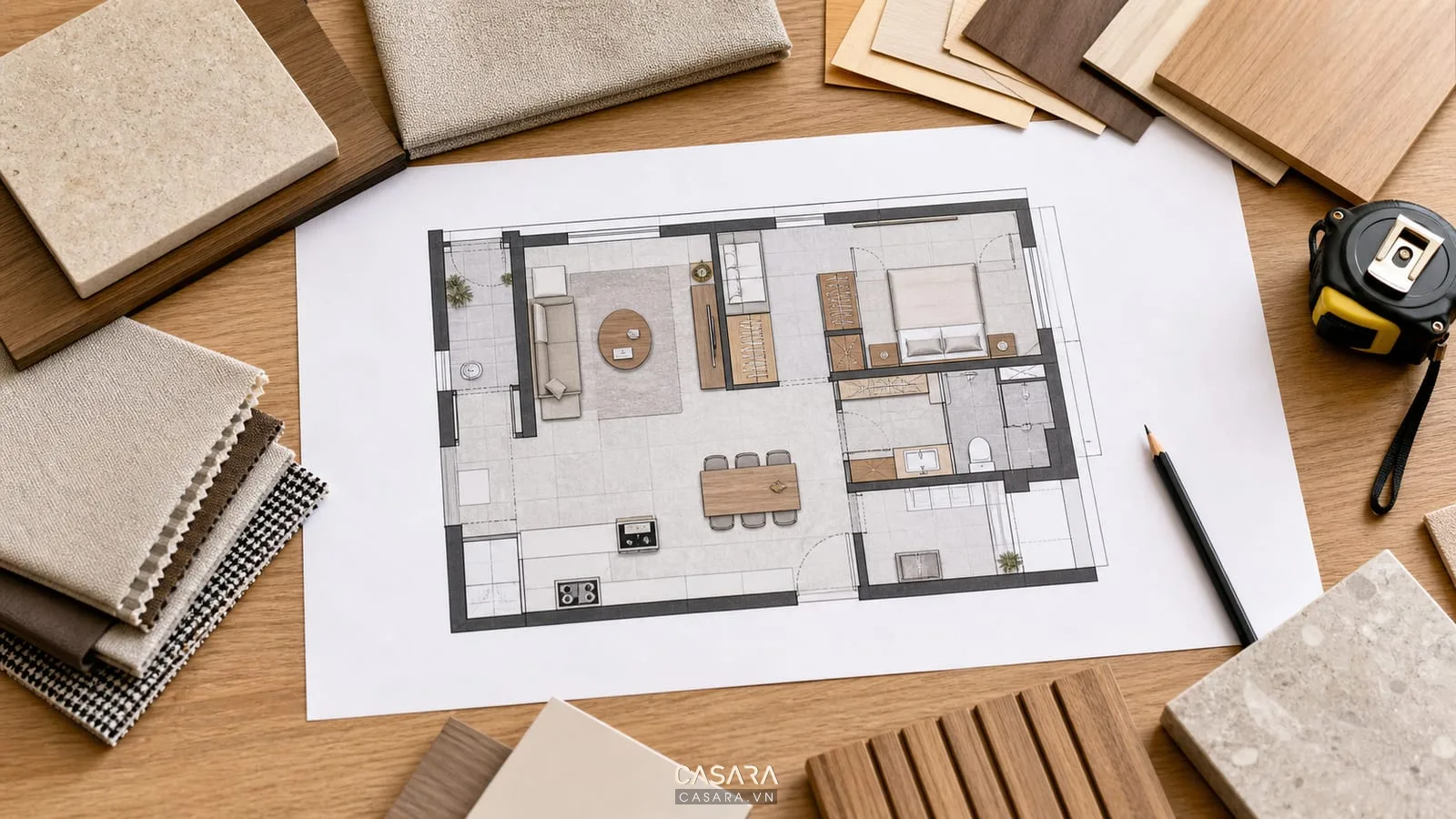 bản vẽ mặt bằng thiết kế nội thất chung cư 56m2 và mẫu vật liệu